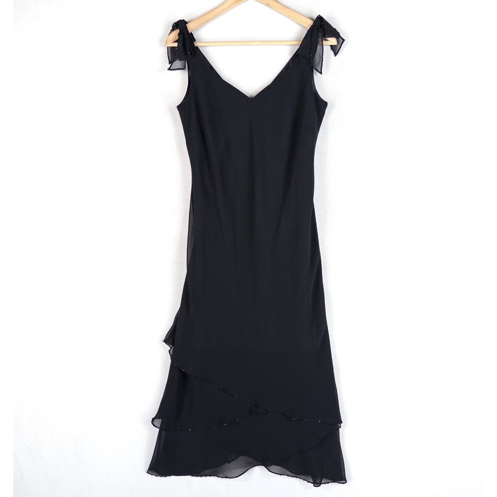 Evan Picone Dress 6 Black Chiffon Tiered Beaded Hem Bow Shoulder Cocktail LBD
